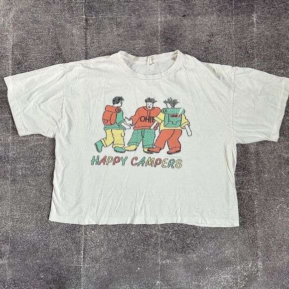 Women's Vintage 90's Oh Boy Happy Camper Cropped White Camp T Shirt Tee Sz OSFA - Picture 1 of 4